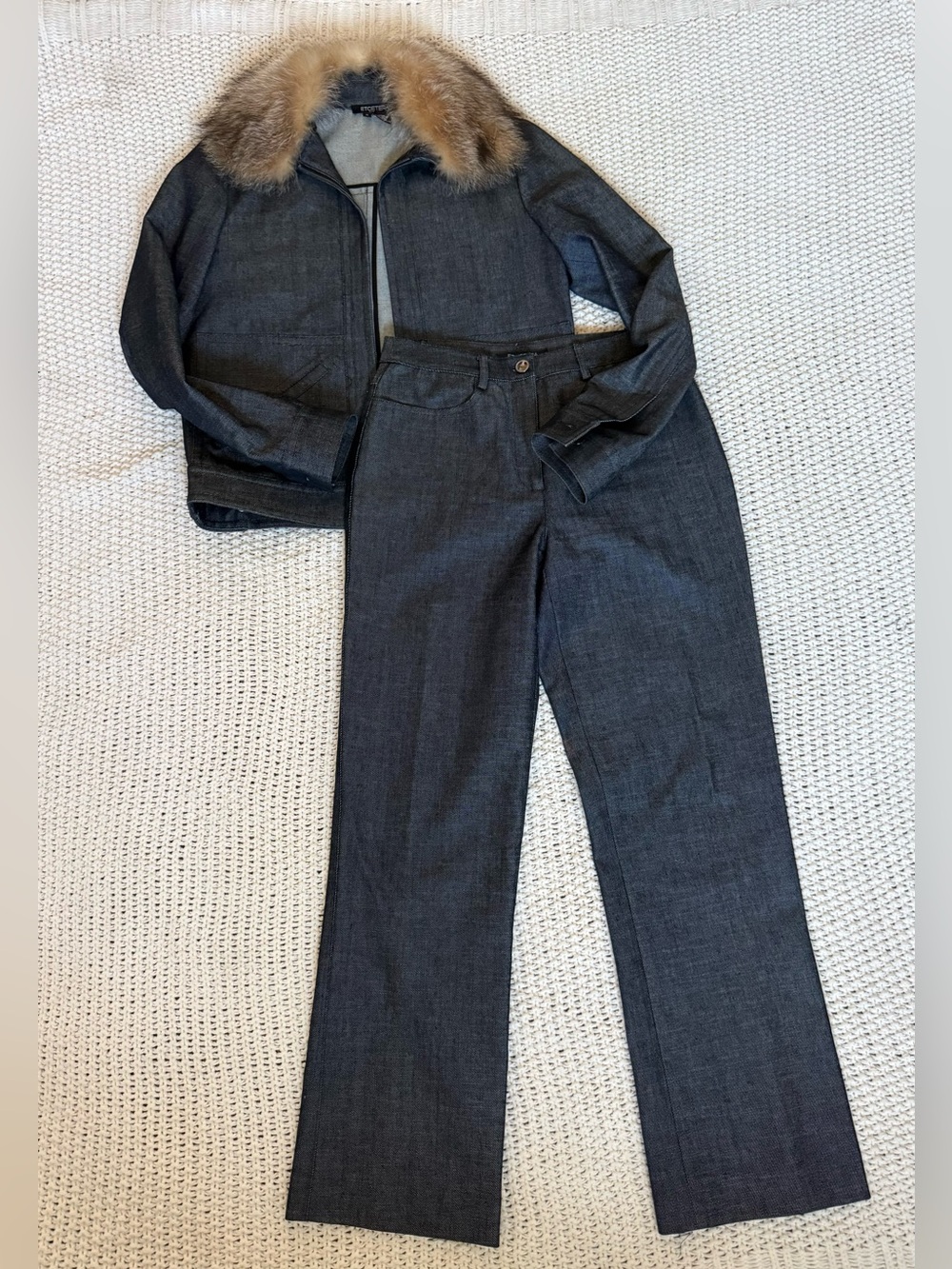 Vintage Y2K ETCETERA Denim Pantsuit 2PC faux Fur Collar Jacket Pants Size 2
